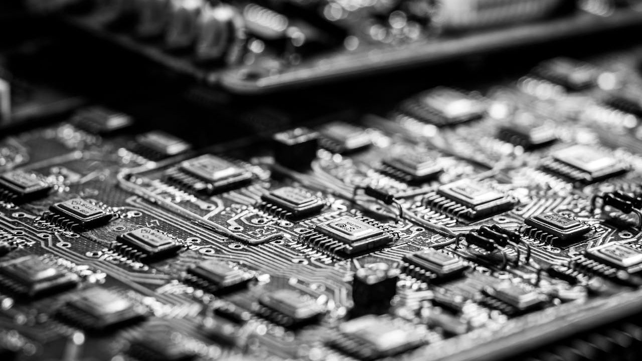 Black and White Photo of a Circuit Board